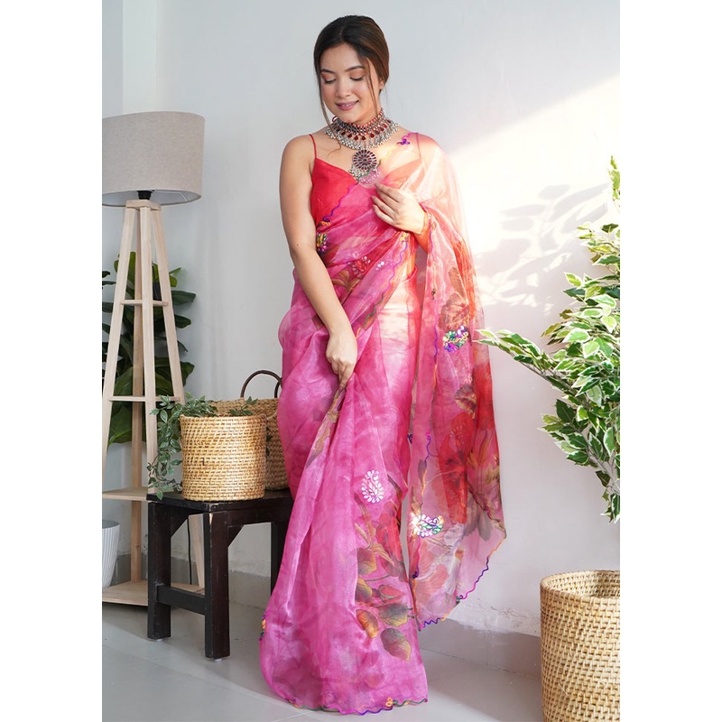 Pink Organza Saree With Blouse Piece - JD986586493