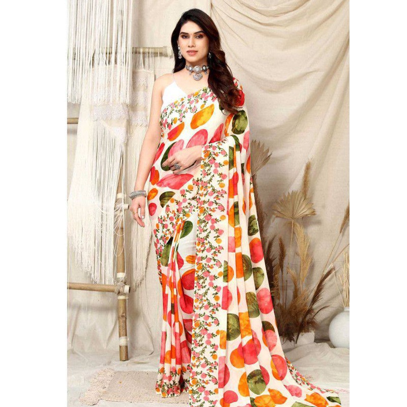 White Georgette Saree With Blouse Piece - JD986586509