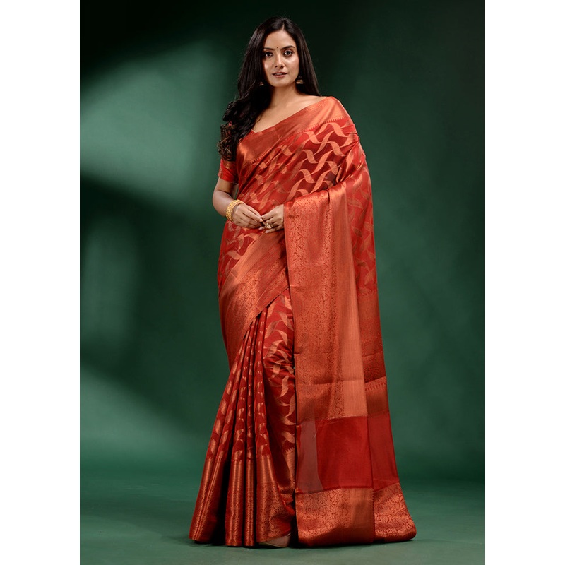 Orange Organza Saree With Blouse Piece - JD986586245