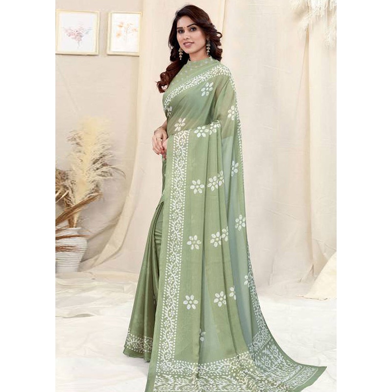 Pista Green Chiffon Silk Saree With Blouse Piece - JD986586422