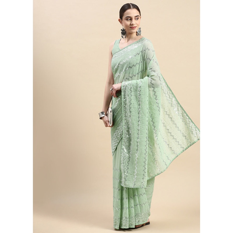 Pista Green Georgette Saree With Blouse Piece - JD986586409