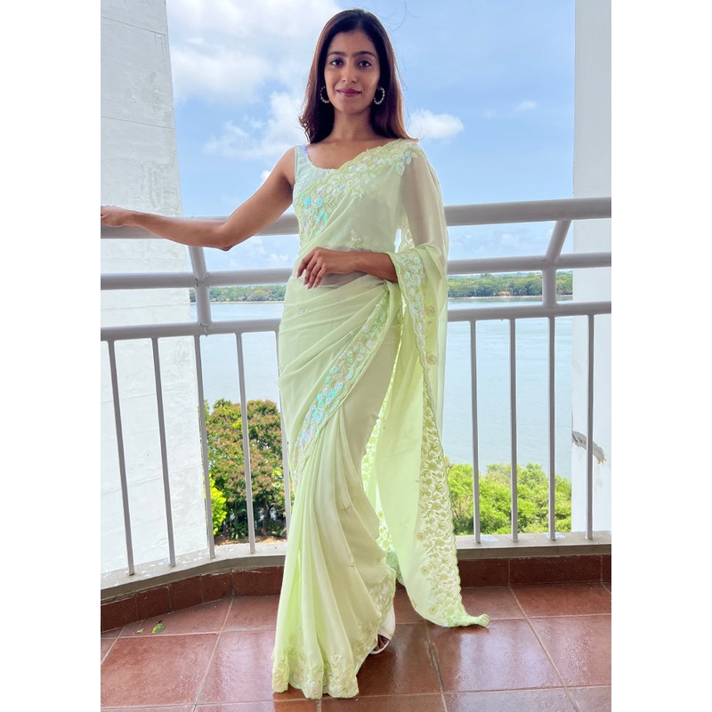 Pista Green Georgette Saree With Blouse Piece - JD986586411