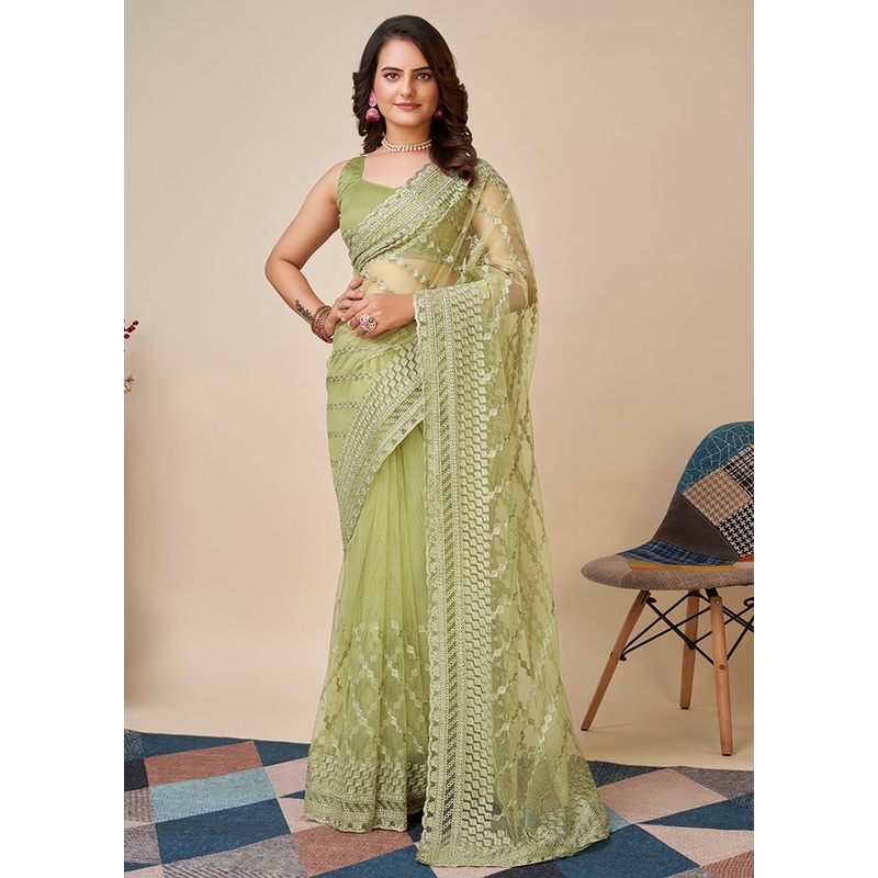 Pista Green Net Saree With Blouse Piece - JD986586408