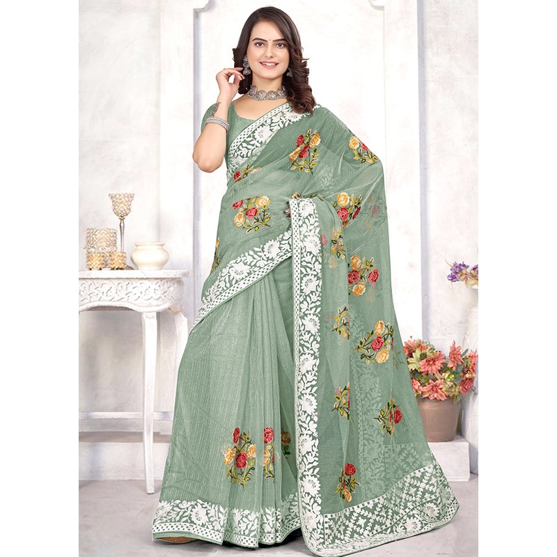 Pista Green Organza Saree With Blouse Piece - JD986586407