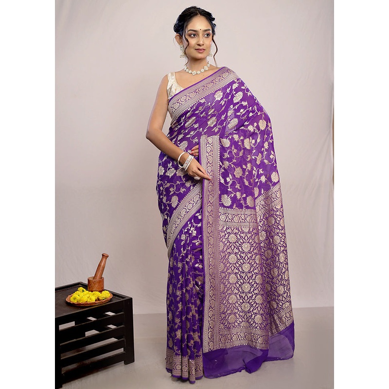 Purple Chiffon Pure Silk Saree With Blouse Piece - JD986586404