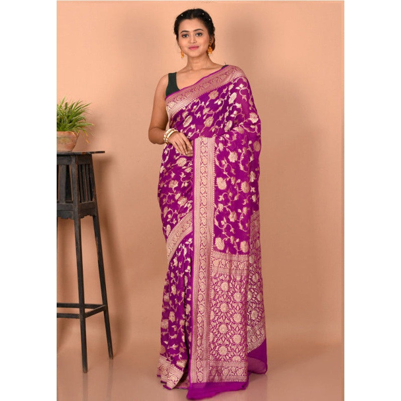 Purple Chiffon Pure Silk Saree With Blouse Piece - JD986586405