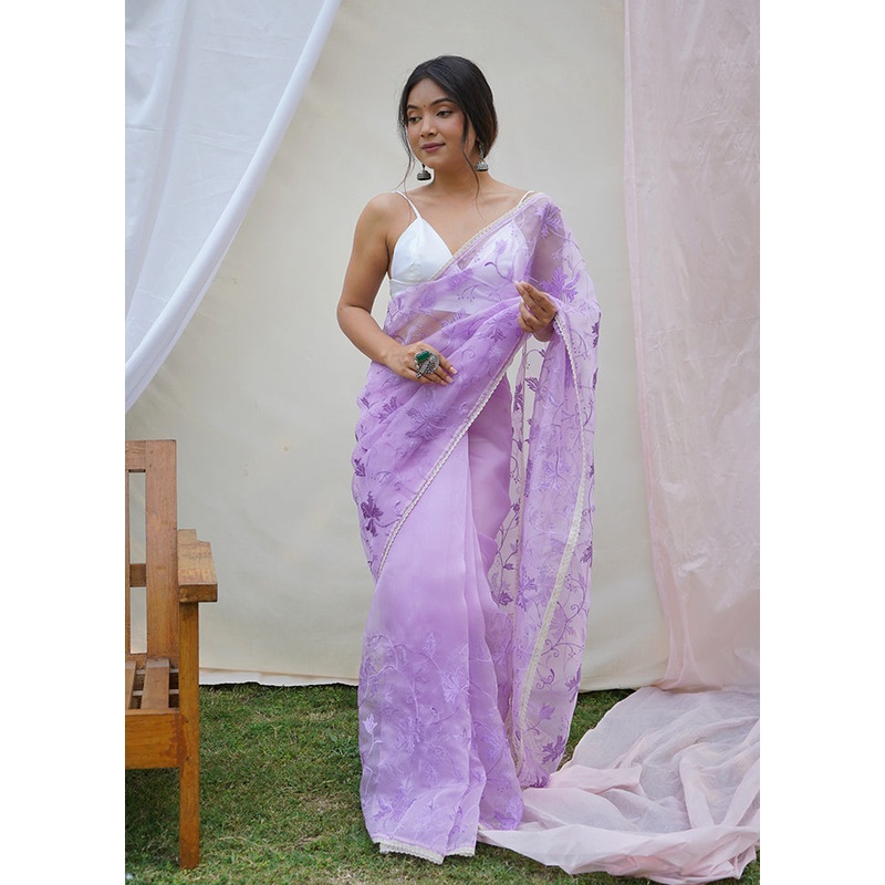 Purple Organza Saree With Blouse Piece - JD986586371