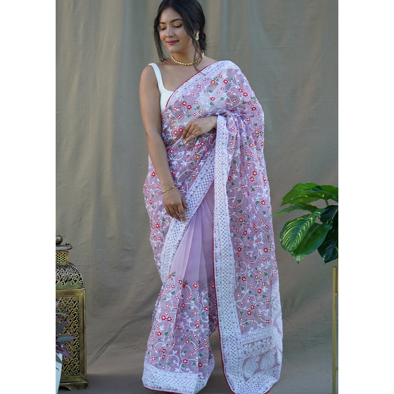 Purple Organza Saree With Blouse Piece - JD986586372