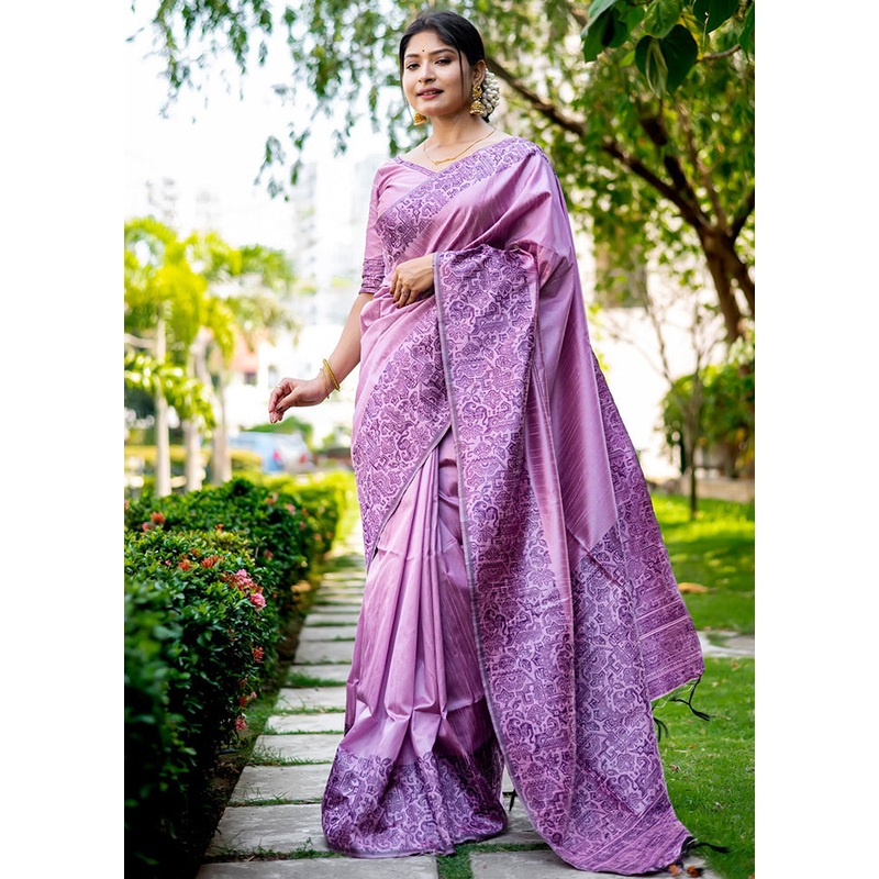 Purple Spun Silk Saree With Blouse Piece - JD986586350