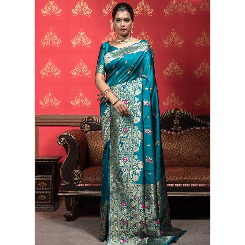 Rama Dupion Silk Saree With Blouse Piece - JD986586331