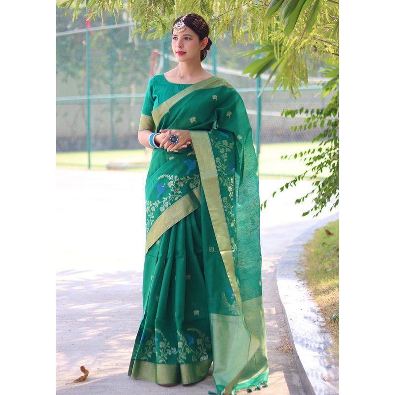 Rama Dupion Silk Saree With Blouse Piece - JD986586334