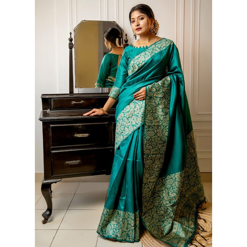 Rama Spun Silk Saree With Blouse Piece - JD986586326