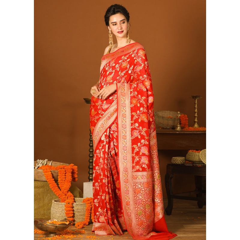 Red Chiffon Pure Silk Saree With Blouse Piece - JD986586315