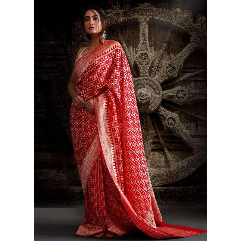 Red Chiffon Pure Silk Saree With Blouse Piece - JD986586316