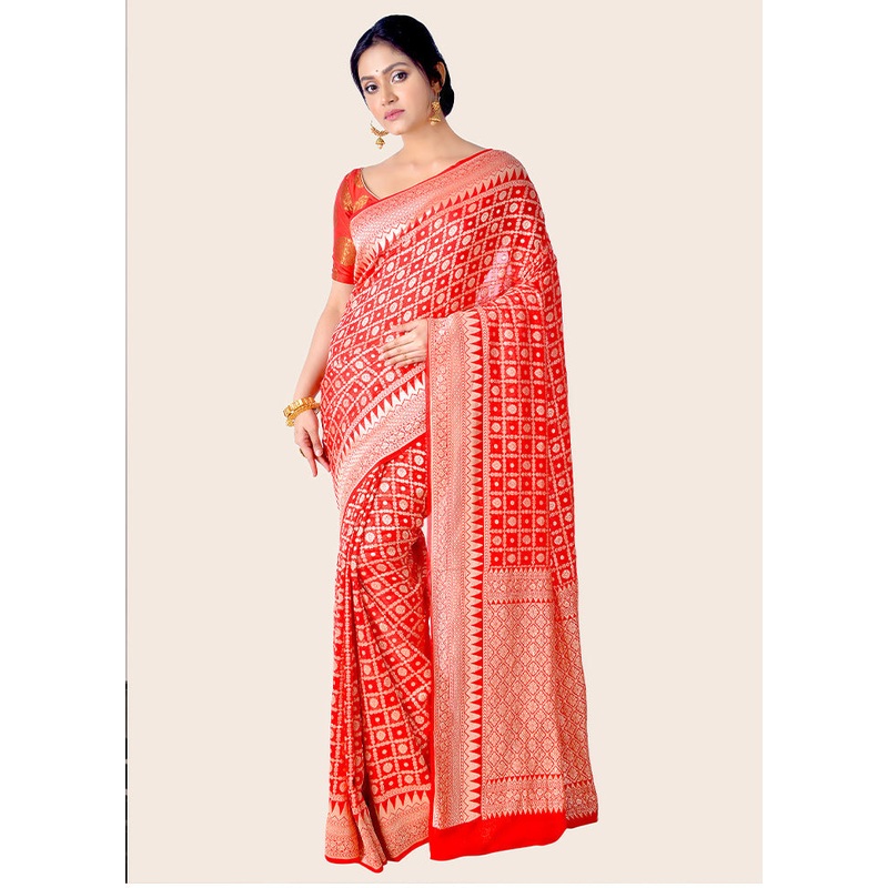 Red Chiffon Pure Silk Saree With Blouse Piece - JD986586317