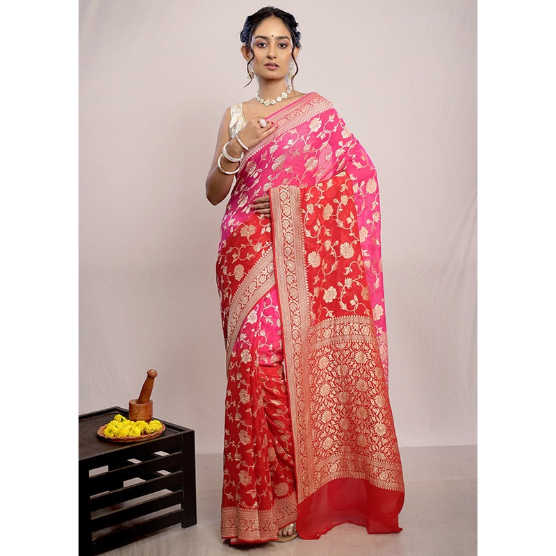 Red Chiffon Pure Silk Saree With Blouse Piece - JD986586319