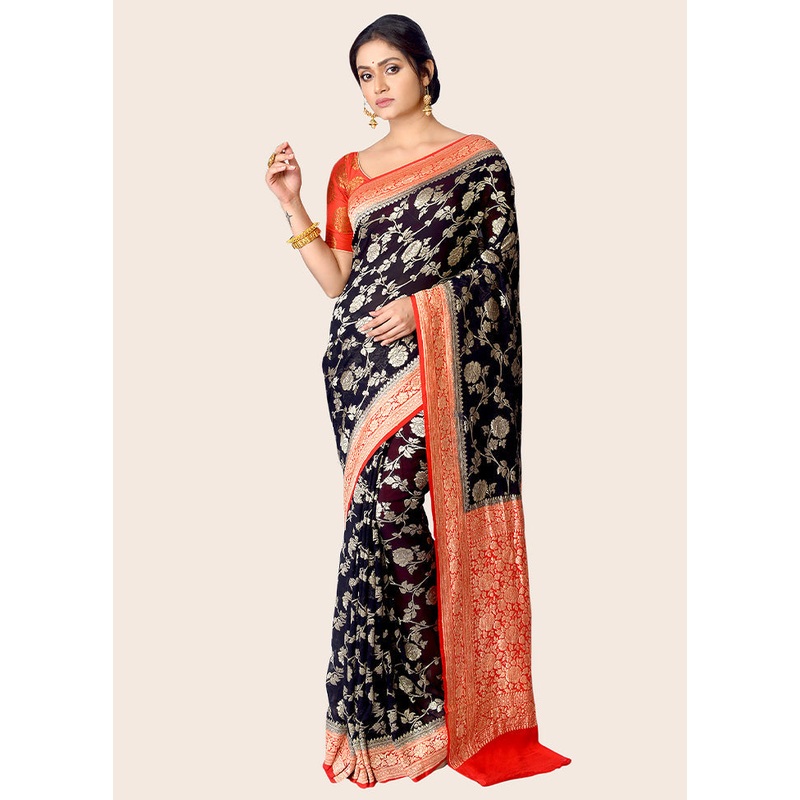 Red Chiffon Pure Silk Saree With Blouse Piece - JD986586320