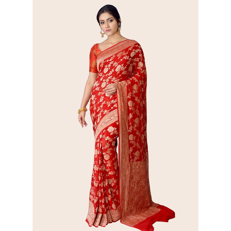 Red Chiffon Pure Silk Saree With Blouse Piece - JD986586321