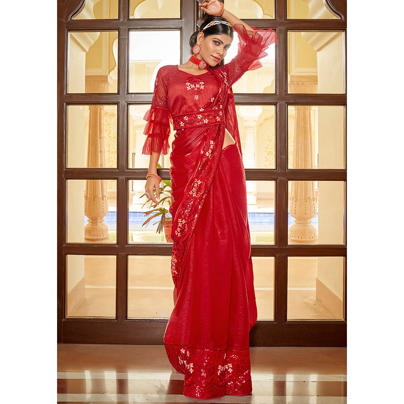 Red Chiffon Silk Saree With Blouse Piece - JD986586313