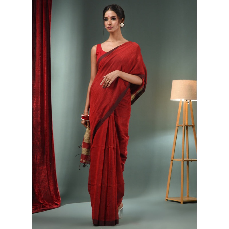 Red Cotton Saree With Blouse Piece - JD986586304