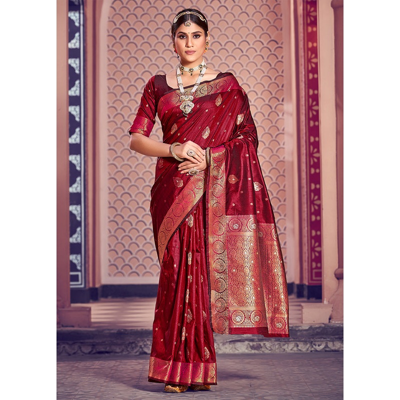 Red Dupion Silk Saree With Blouse Piece - JD986586271