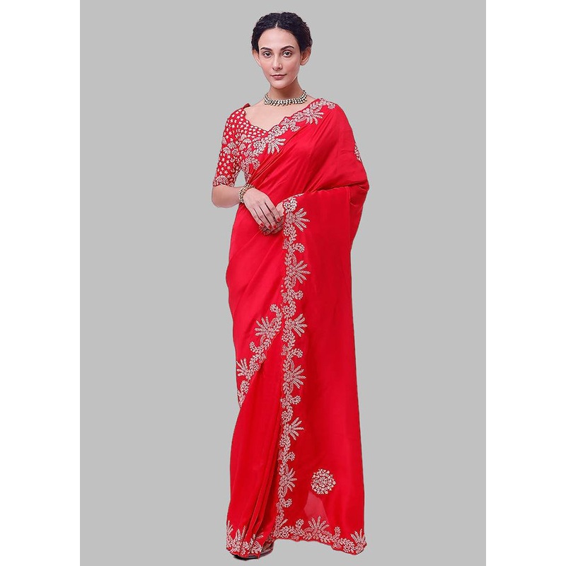 Red Dupion Silk Saree With Blouse Piece - JD986586272