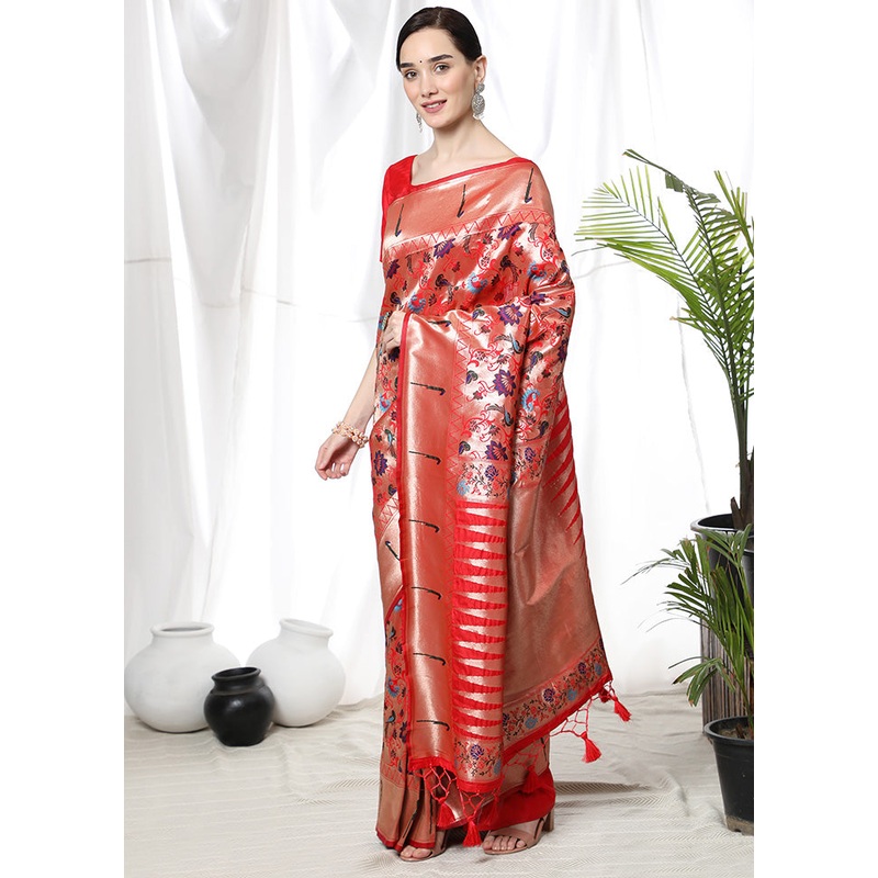 Red Dupion Silk Saree With Blouse Piece - JD986586273