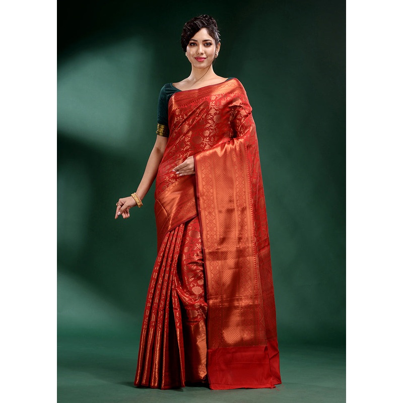 Red Dupion Silk Saree With Blouse Piece - JD986586274
