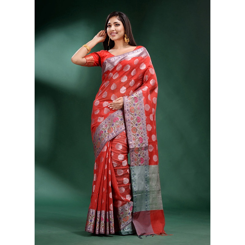 Red Dupion Silk Saree With Blouse Piece - JD986586278