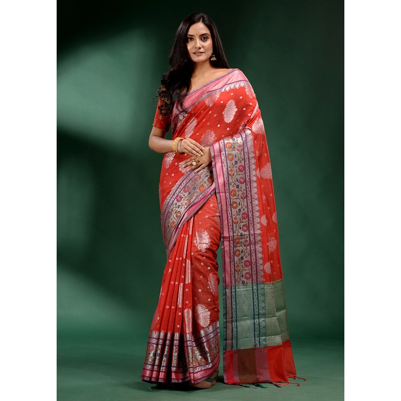 Red Dupion Silk Saree With Blouse Piece - JD986586279