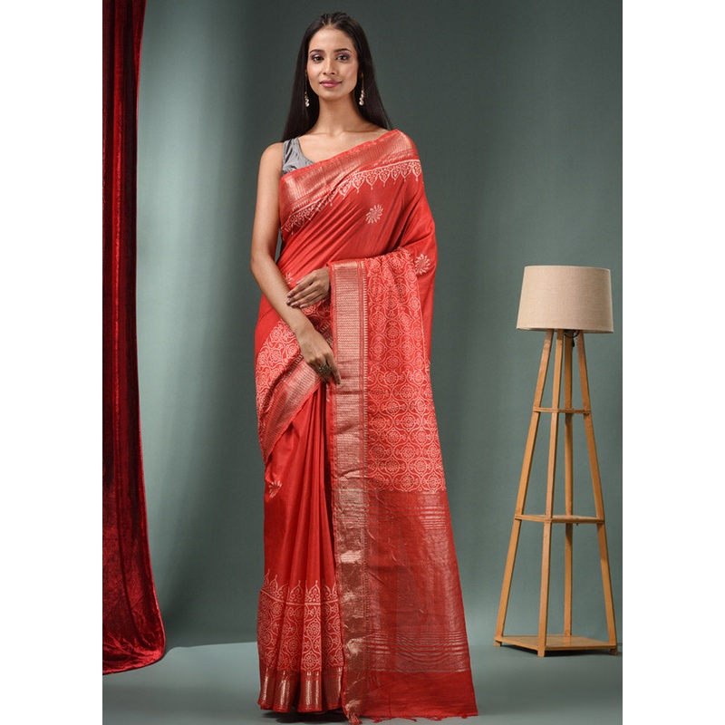 Red Dupion Silk Saree With Blouse Piece - JD986586280