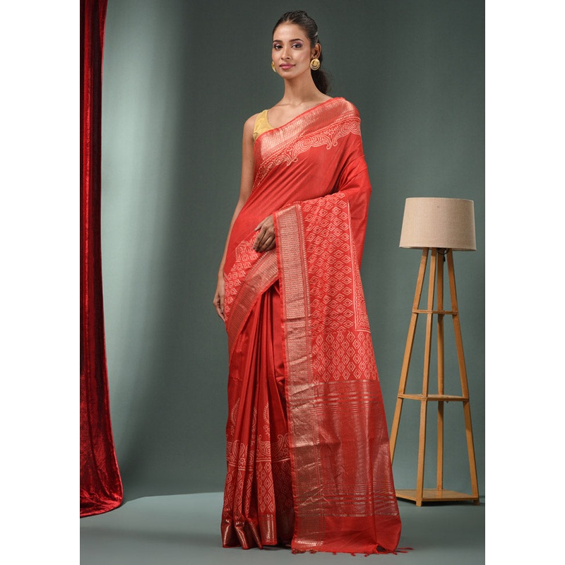 Red Dupion Silk Saree With Blouse Piece - JD986586281