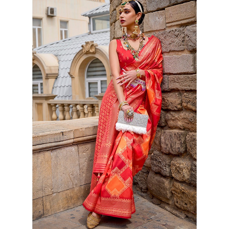 Red Dupion Silk Saree With Blouse Piece - JD986586284