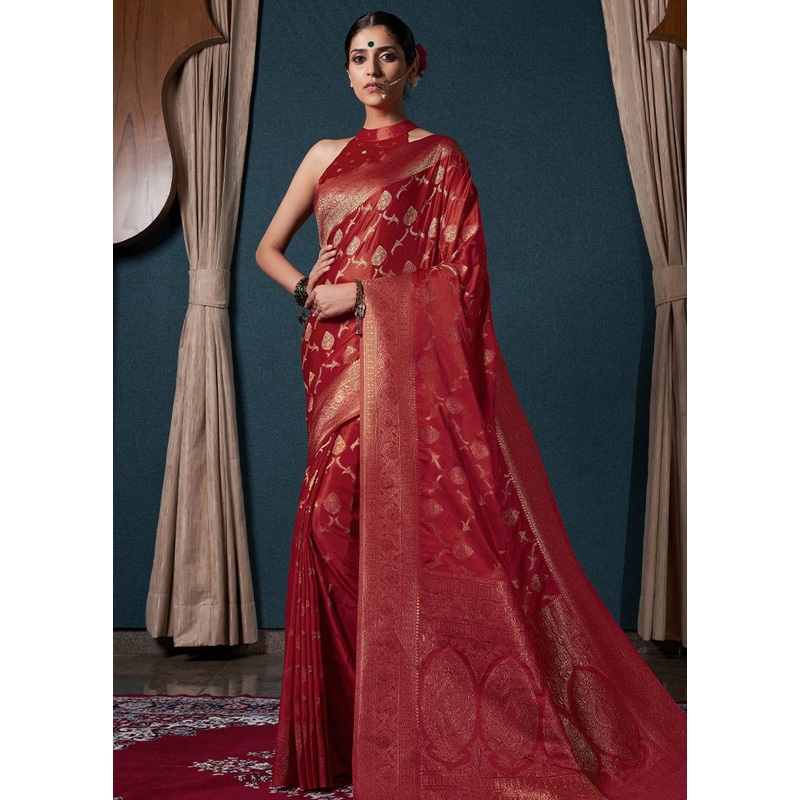 Red Dupion Silk Saree With Blouse Piece - JD986586287