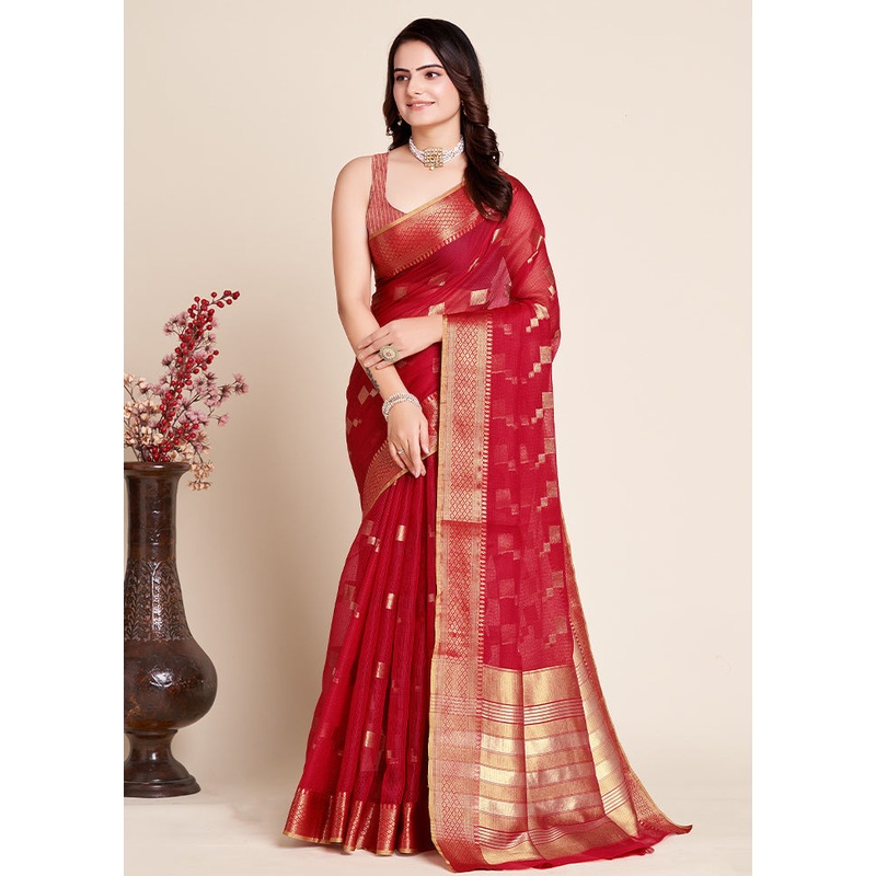 Red Dupion Silk Saree With Blouse Piece - JD986586288