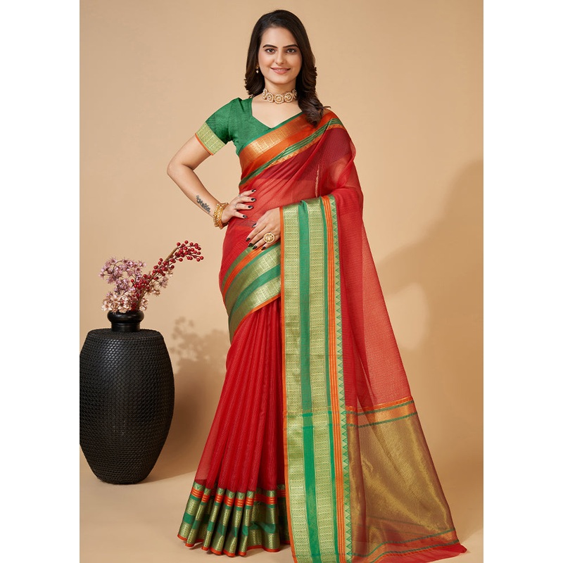 Red Dupion Silk Saree With Blouse Piece - JD986586289