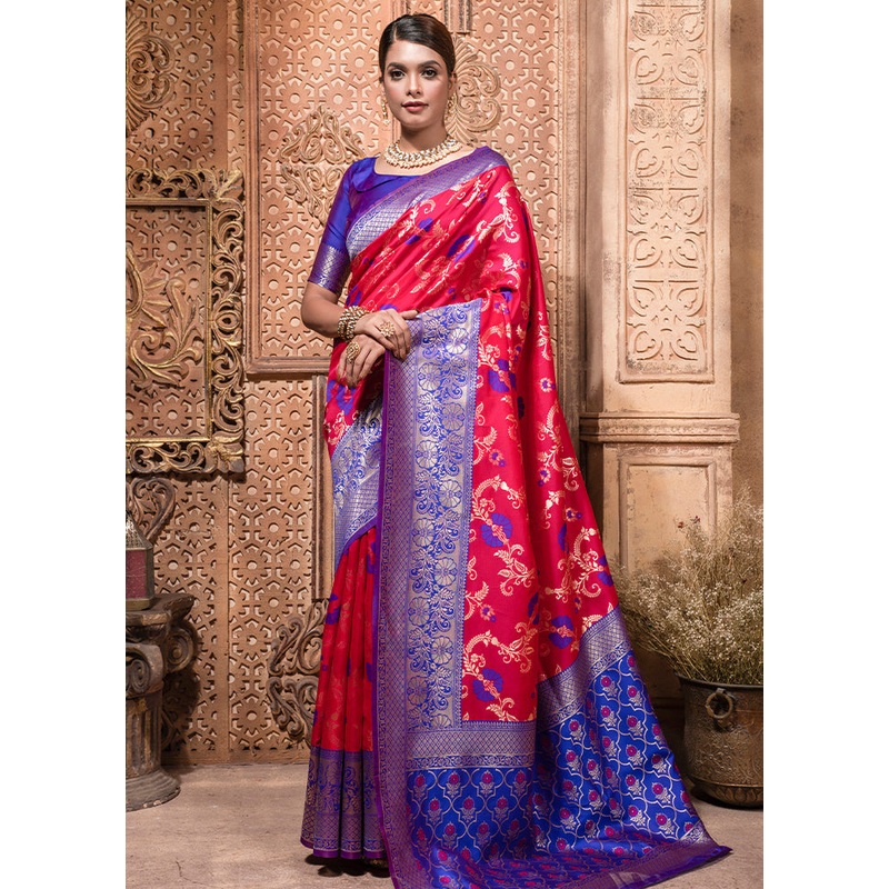 Red Dupion Silk Saree With Blouse Piece - JD986586290