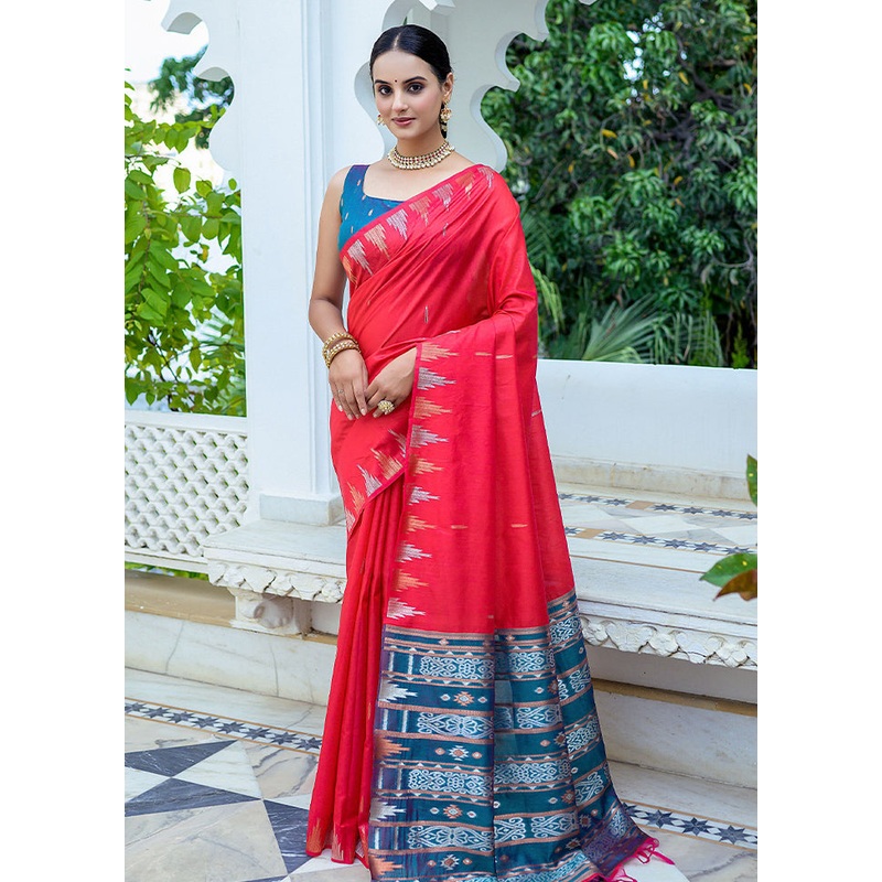 Red Dupion Silk Saree With Blouse Piece - JD986586291