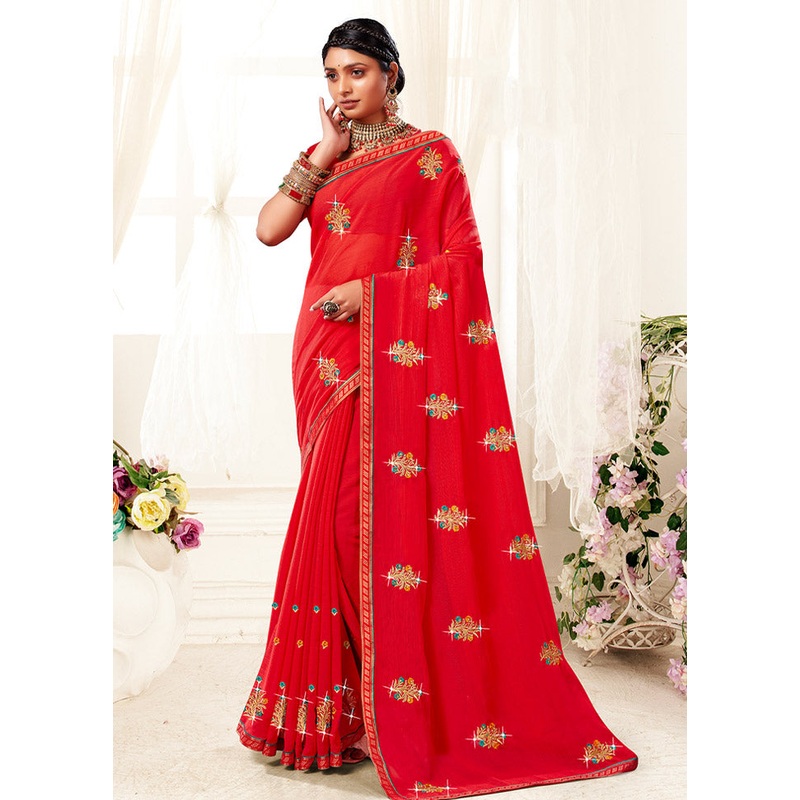 Red Georgette Saree With Blouse Piece - JD986586249