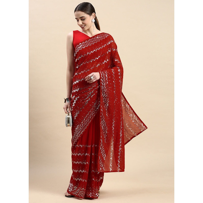 Red Georgette Saree With Blouse Piece - JD986586250