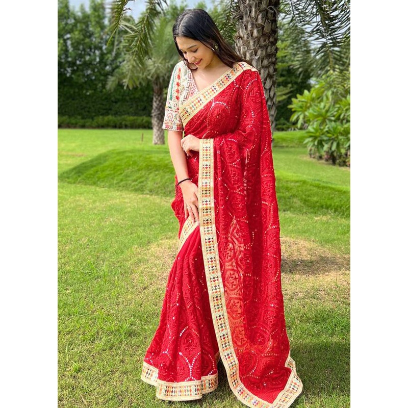 Red Georgette Saree With Blouse Piece - JD986586251