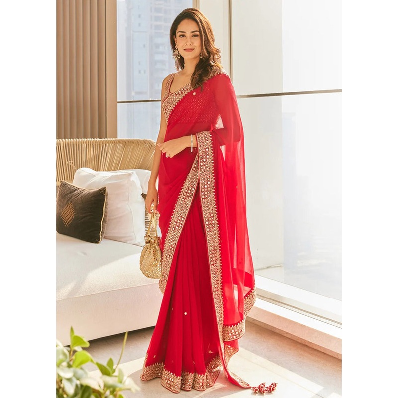 Red Georgette Saree With Blouse Piece - JD986586252