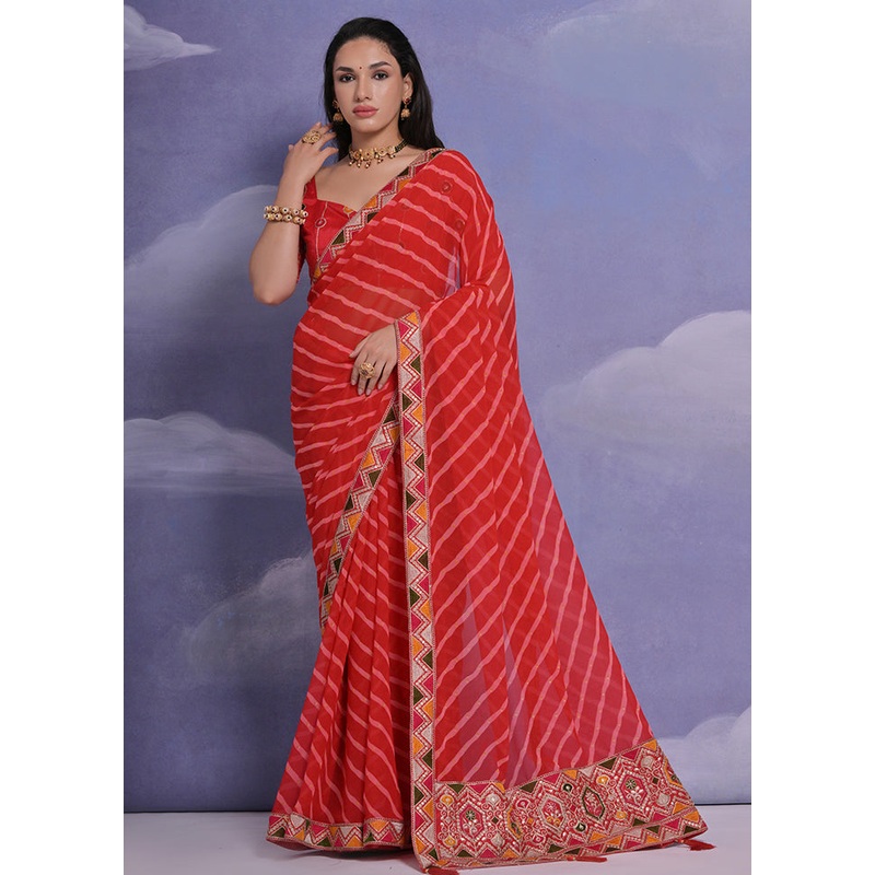 Red Georgette Saree With Blouse Piece - JD986586259