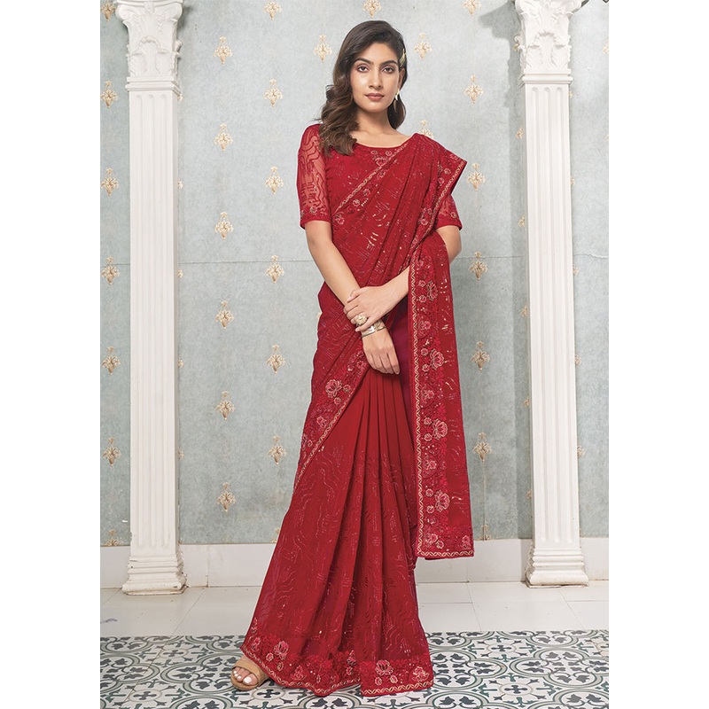 Red Georgette Saree With Blouse Piece - JD986586262