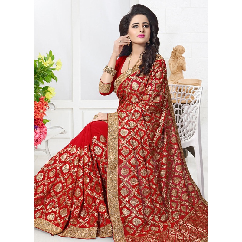 Red Georgette Saree With Blouse Piece - JD986586263