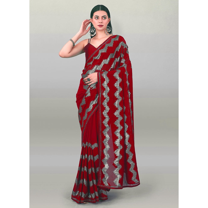 Red Georgette Saree With Blouse Piece - JD986586264