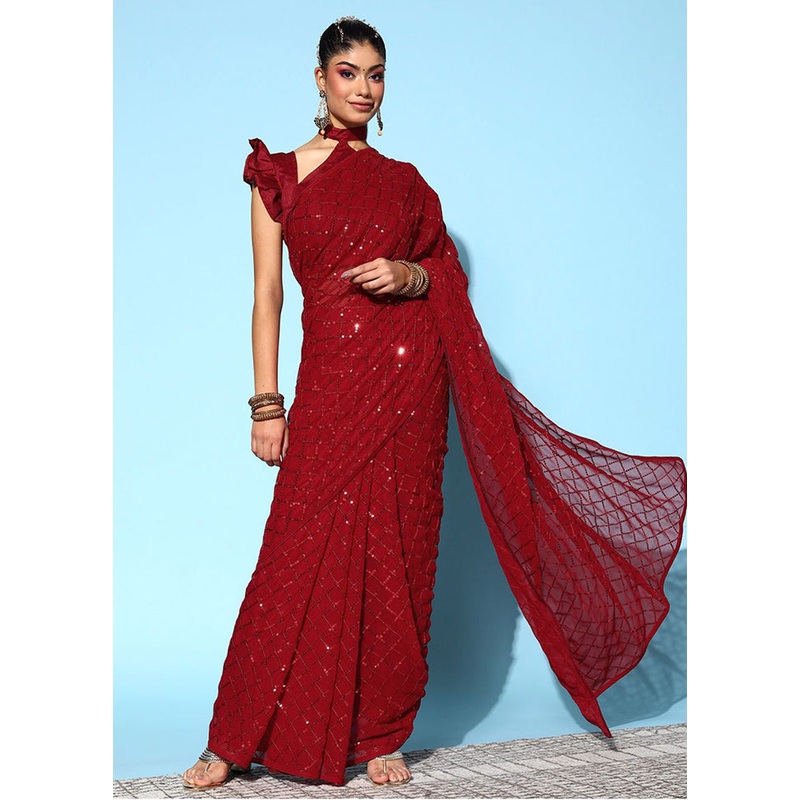 Red Georgette Saree With Blouse Piece - JD986586265
