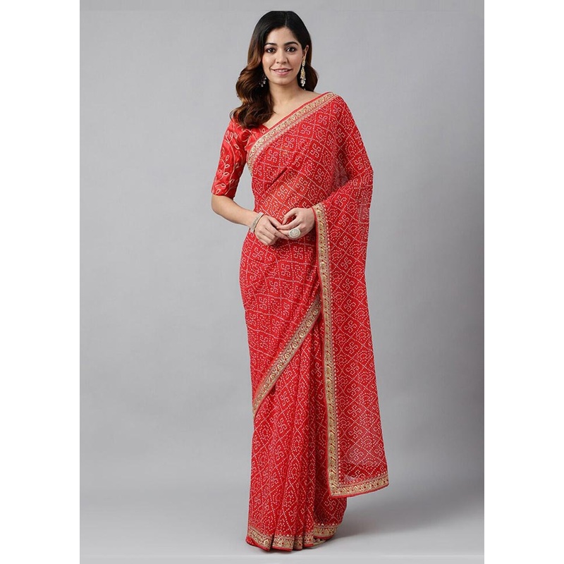 Red Georgette Saree With Blouse Piece - JD986586266