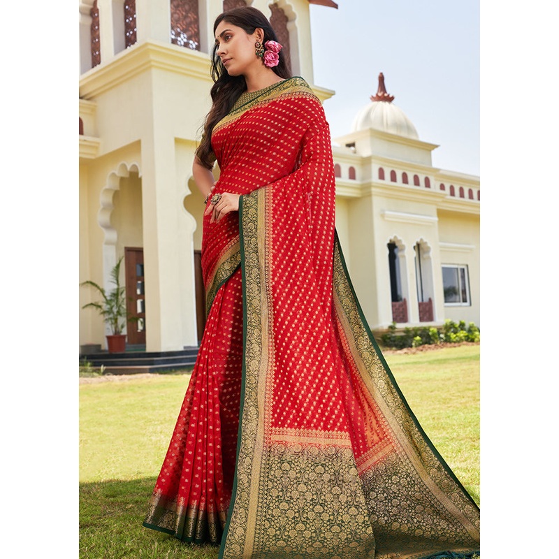 Red Georgette Saree With Blouse Piece - JD986586267