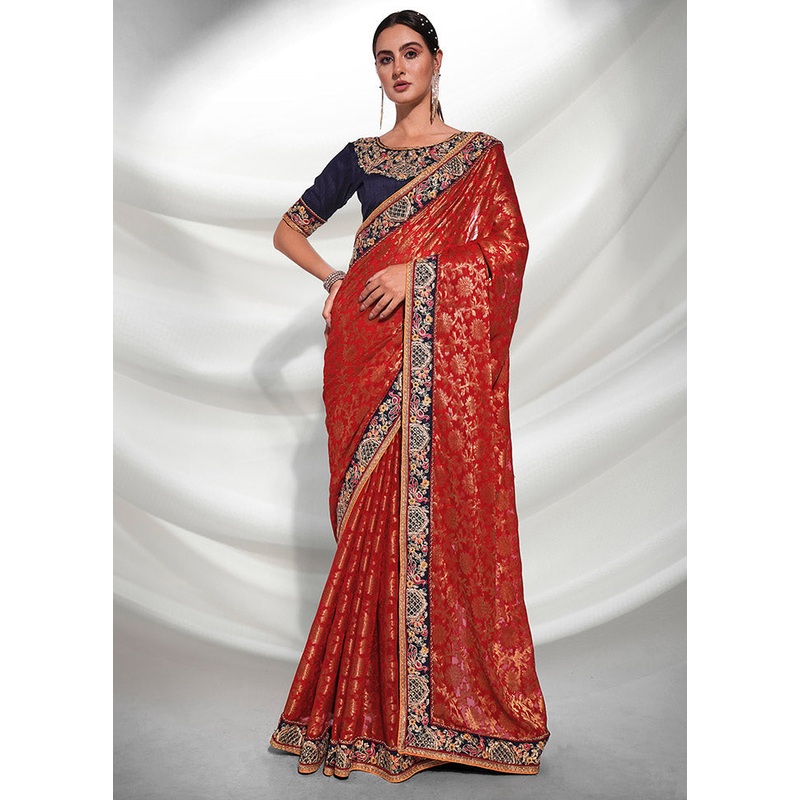 Red Georgette Saree With Blouse Piece - JD986586269
